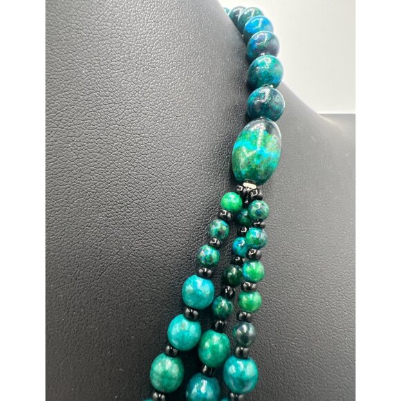 Triple Strand Beaded 20" Necklace Azurite Malachite Composite Blue Green Stone - Picture 4 of 8